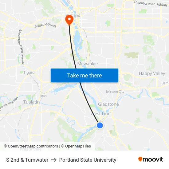 S 2nd & Tumwater to Portland State University map