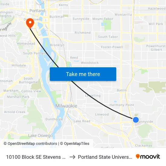 10100 Block SE Stevens Rd to Portland State University map
