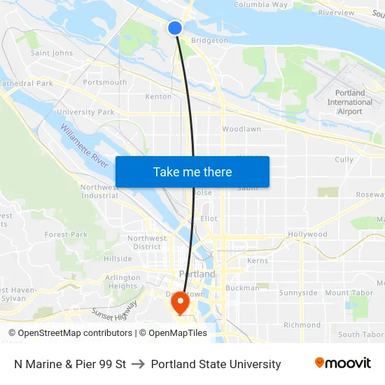 N Marine & Pier 99 St to Portland State University map