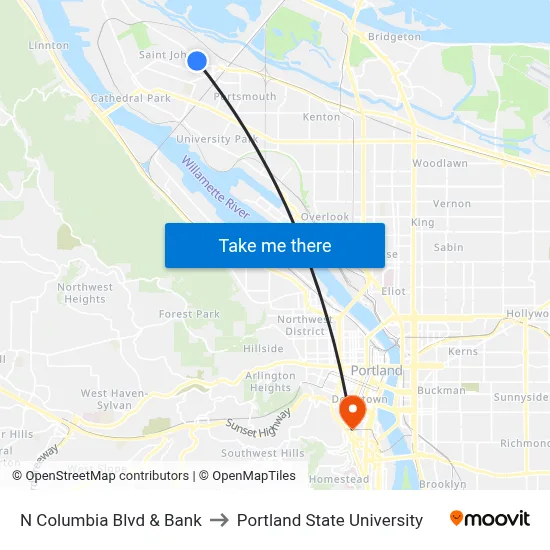N Columbia Blvd & Bank to Portland State University map