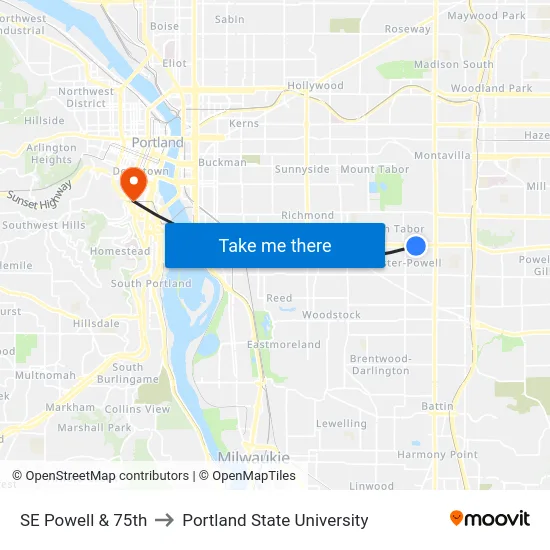 SE Powell & 75th to Portland State University map