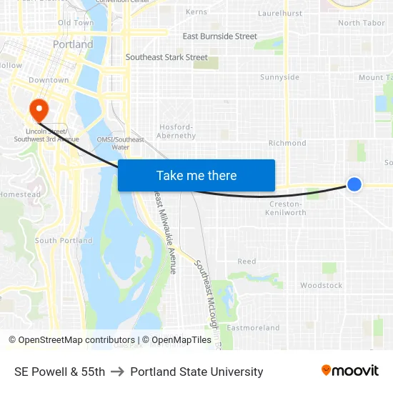 SE Powell & 55th to Portland State University map