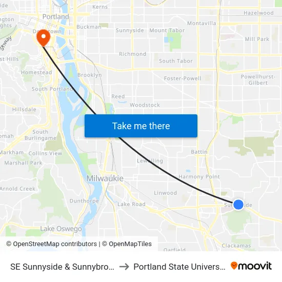 SE Sunnyside & Sunnybrook to Portland State University map