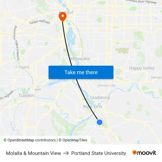 Molalla & Mountain View to Portland State University map