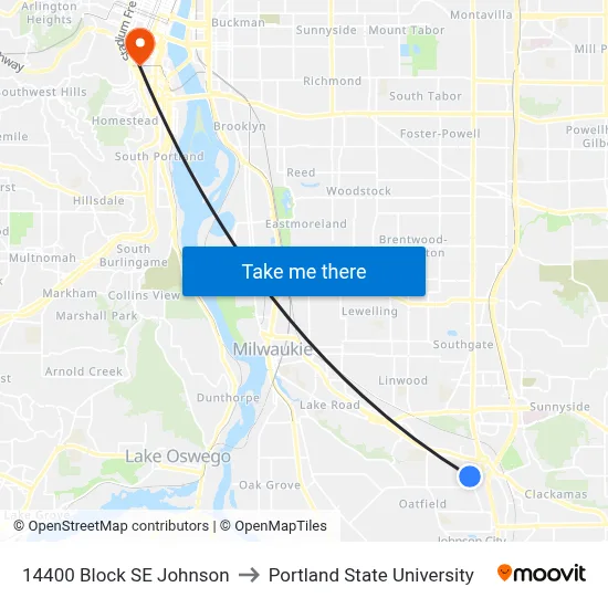 14400 Block SE Johnson to Portland State University map