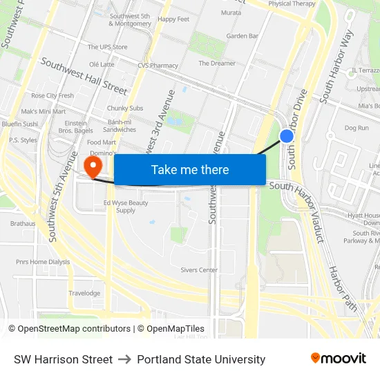 SW Harrison Street to Portland State University map