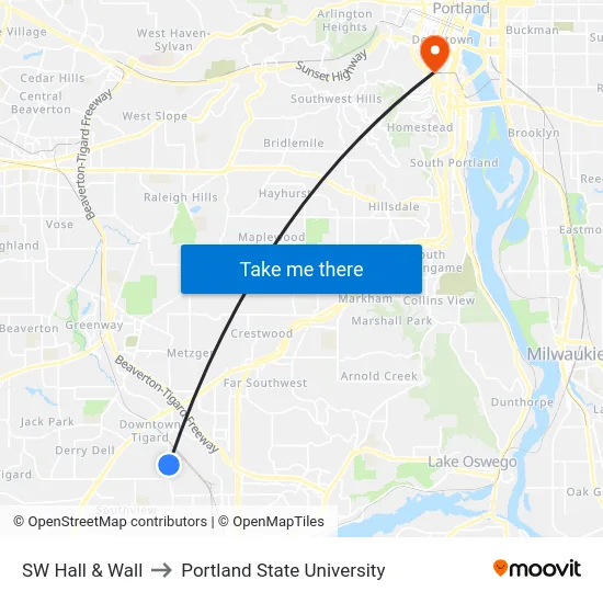 SW Hall & Wall to Portland State University map