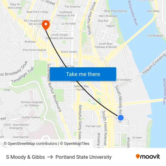 S Moody & Gibbs to Portland State University map