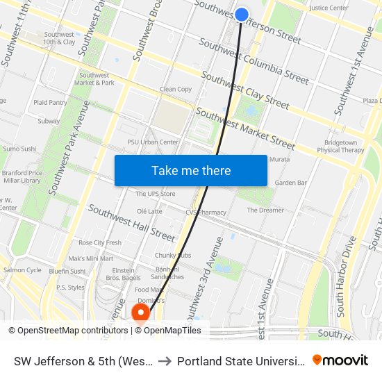 SW Jefferson & 5th (West) to Portland State University map