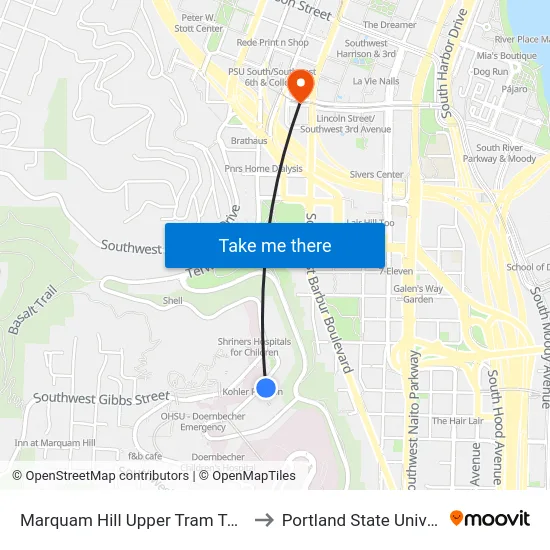 Marquam Hill Upper Tram Terminal to Portland State University map