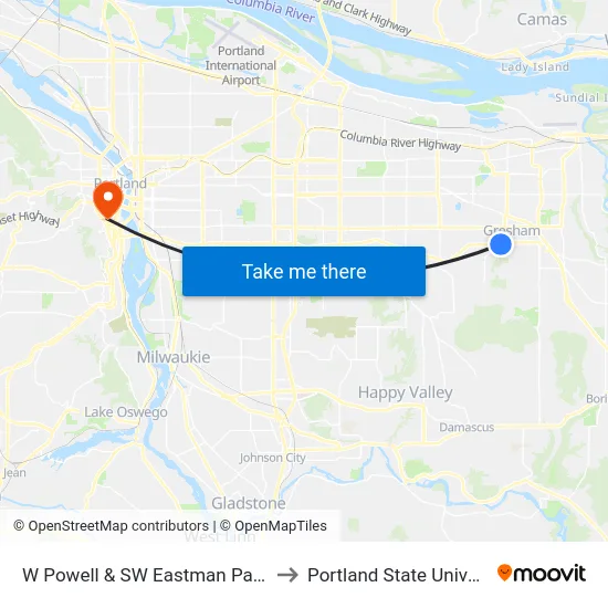 W Powell & SW Eastman Parkway to Portland State University map