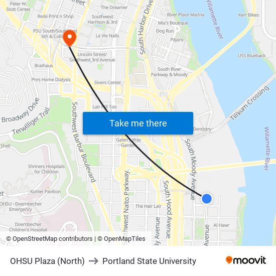 OHSU Plaza (North) to Portland State University map