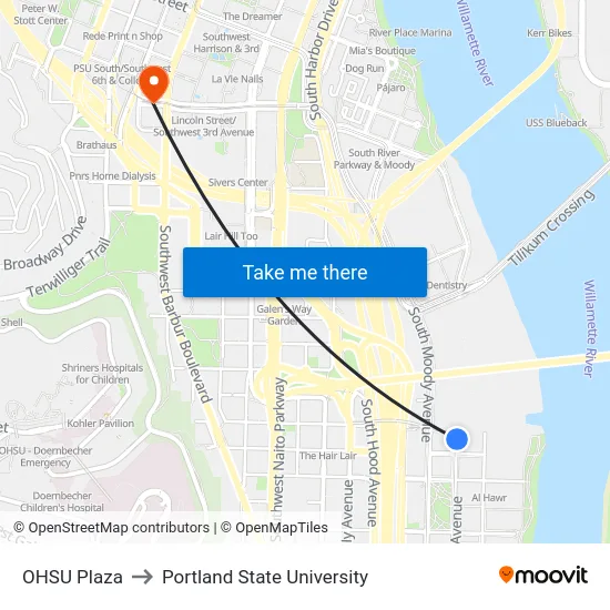 OHSU Plaza to Portland State University map