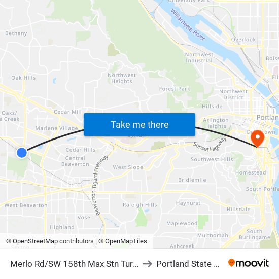 Merlo Rd/SW 158th Max Stn Turnaround (East) to Portland State University map