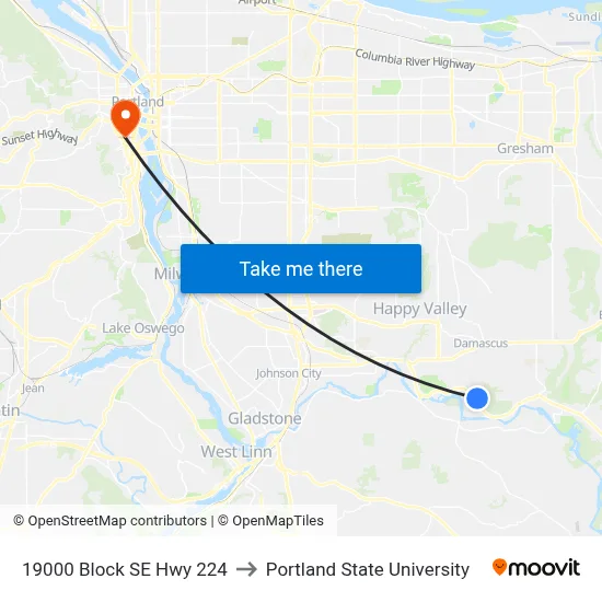 19000 Block SE Hwy 224 to Portland State University map