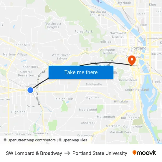SW Lombard & Broadway to Portland State University map