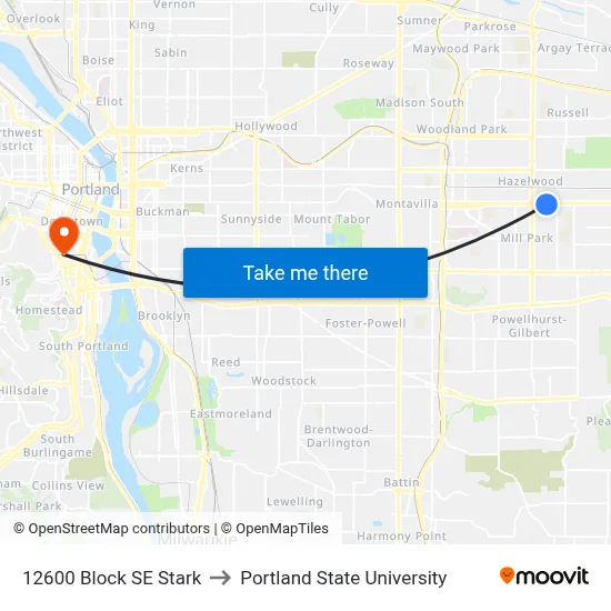 12600 Block SE Stark to Portland State University map