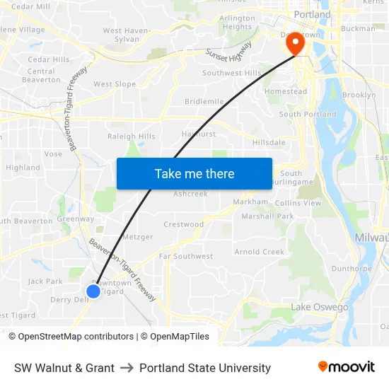 SW Walnut & Grant to Portland State University map