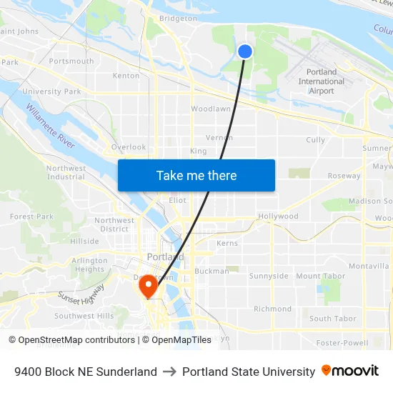 9400 Block NE Sunderland to Portland State University map