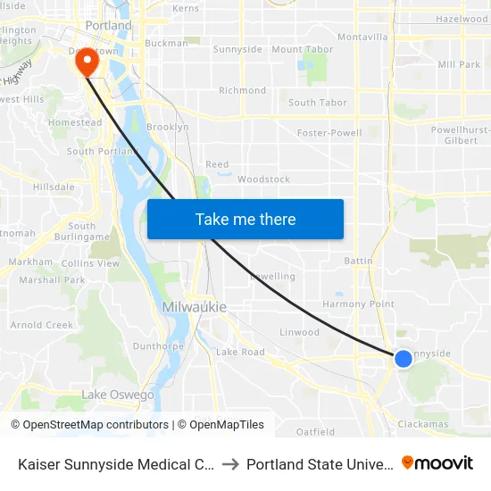 Kaiser Sunnyside Medical Center to Portland State University map