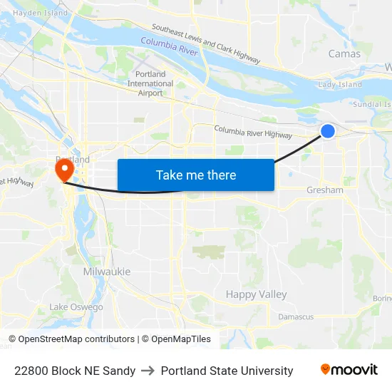 22800 Block NE Sandy to Portland State University map