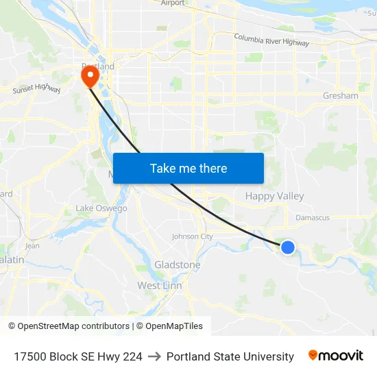 17500 Block SE Hwy 224 to Portland State University map