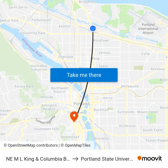 NE M L King & Columbia Blvd to Portland State University map
