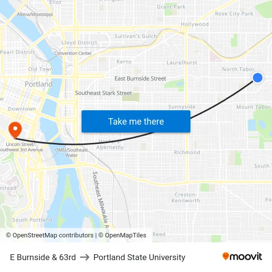 E Burnside & 63rd to Portland State University map