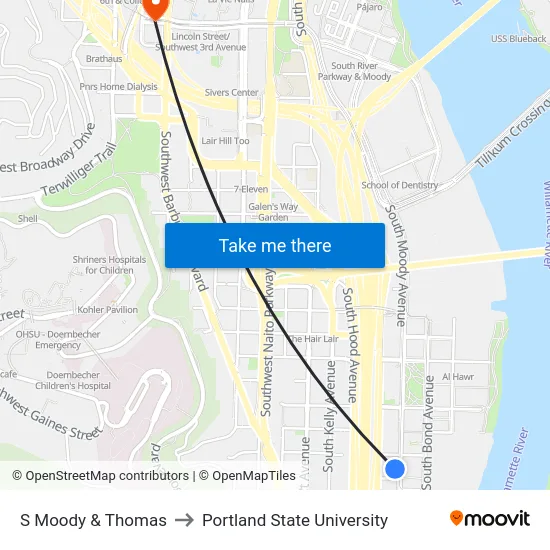 S Moody & Thomas to Portland State University map