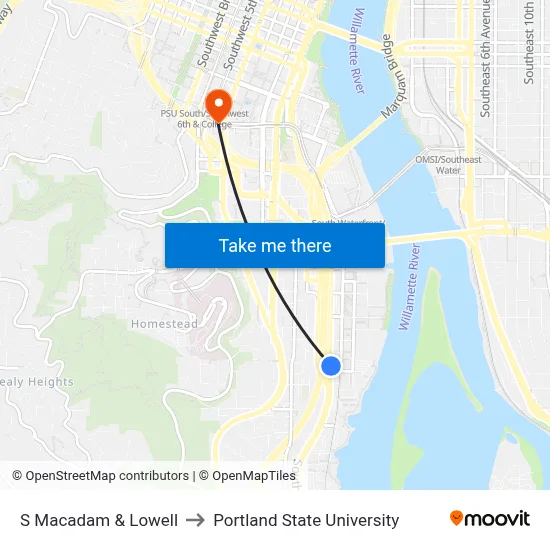 S Macadam & Lowell to Portland State University map