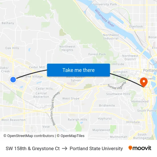 SW 158th & Greystone Ct to Portland State University map
