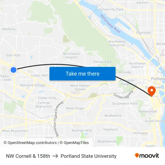 NW Cornell & 158th to Portland State University map