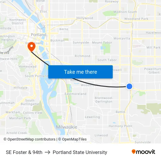 SE Foster & 94th to Portland State University map