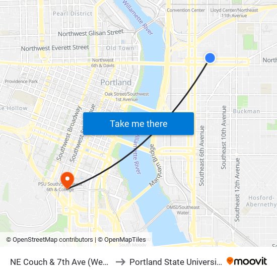 NE Couch & 7th Ave (West) to Portland State University map