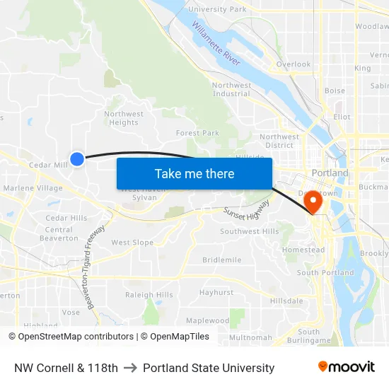 NW Cornell & 118th to Portland State University map