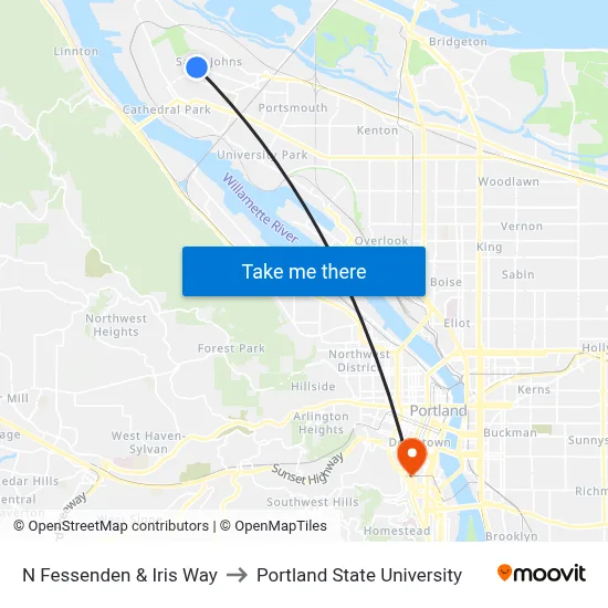 N Fessenden & Iris Way to Portland State University map