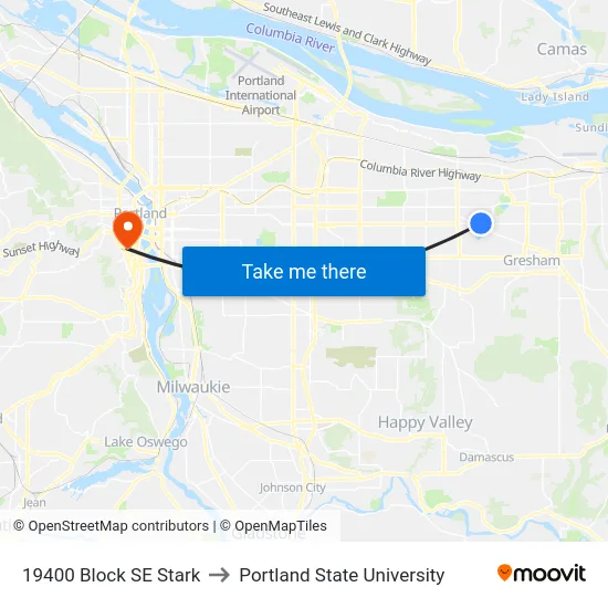 19400 Block SE Stark to Portland State University map