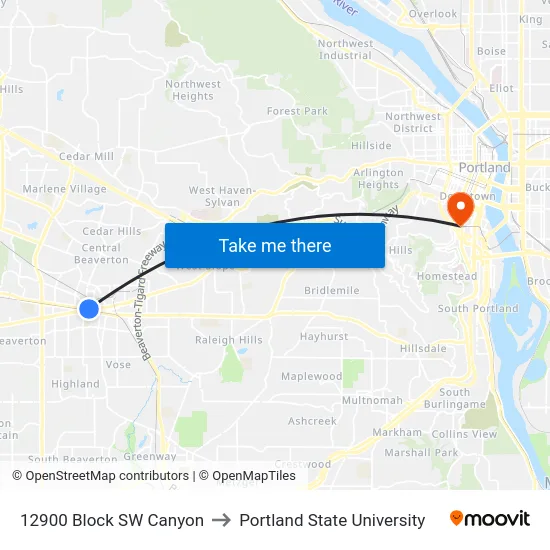 12900 Block SW Canyon to Portland State University map