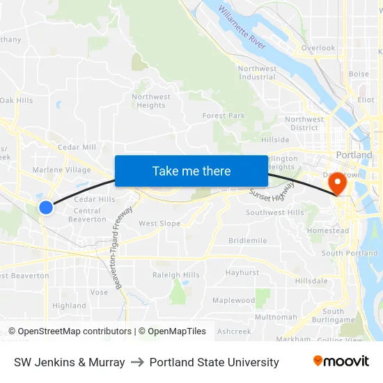 SW Jenkins & Murray to Portland State University map