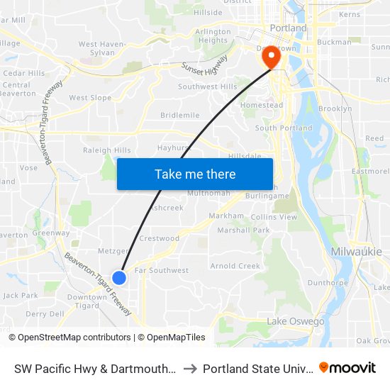 SW Pacific Hwy & Dartmouth (North) to Portland State University map