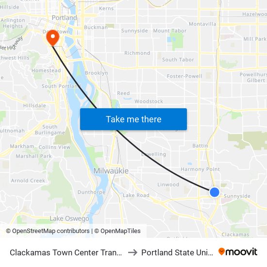 Clackamas Town Center Transit Center to Portland State University map