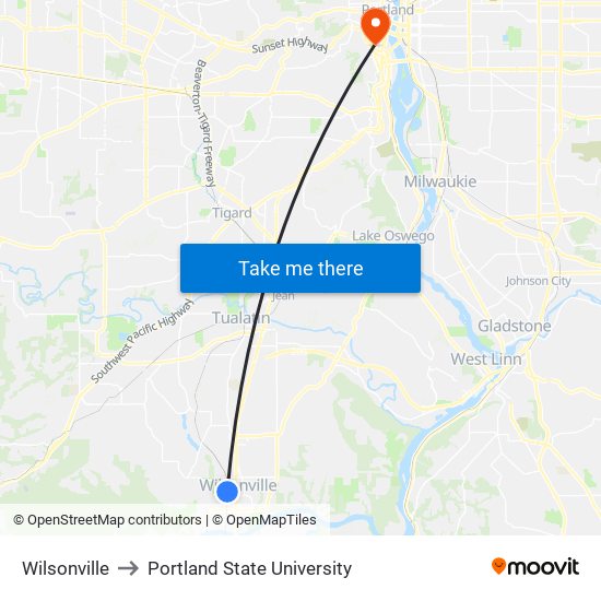 Wilsonville to Portland State University map
