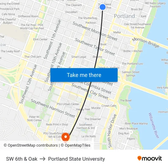 SW 6th & Oak to Portland State University map
