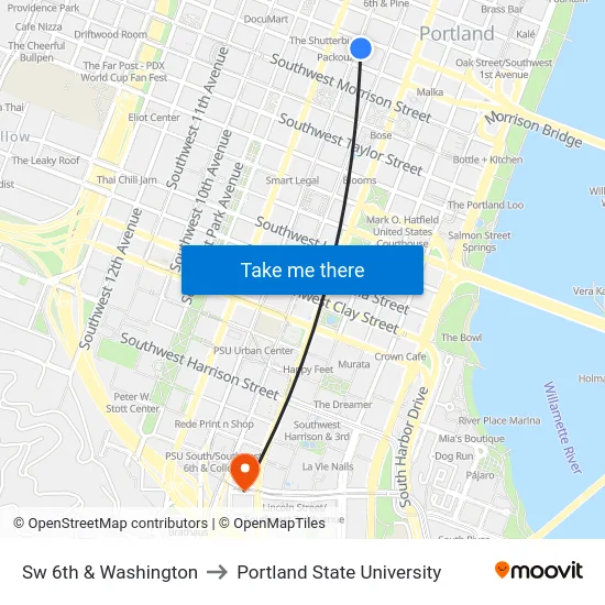 Sw 6th & Washington to Portland State University map