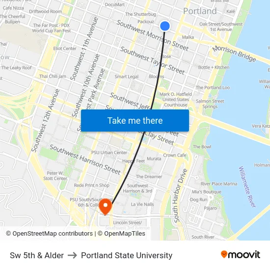Sw 5th & Alder to Portland State University map