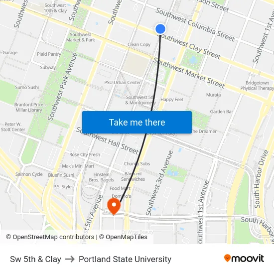 Sw 5th & Clay to Portland State University map