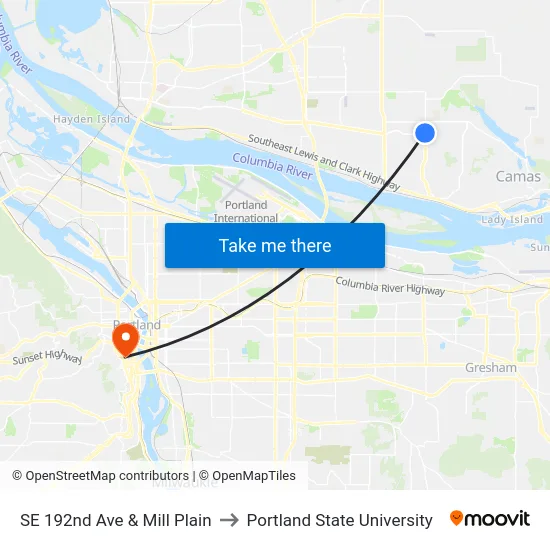 SE 192nd Ave & Mill Plain to Portland State University map