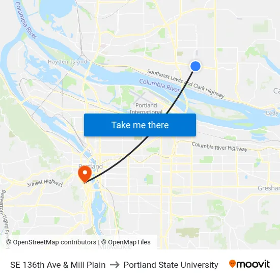 SE 136th Ave & Mill Plain to Portland State University map