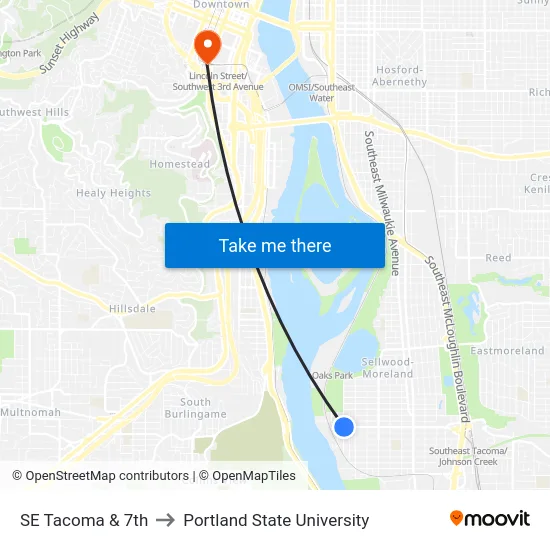 SE Tacoma & 7th to Portland State University map