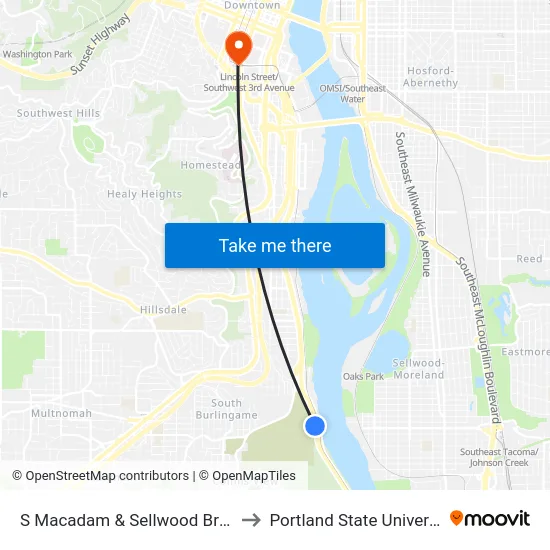 S Macadam & Sellwood Bridge to Portland State University map
